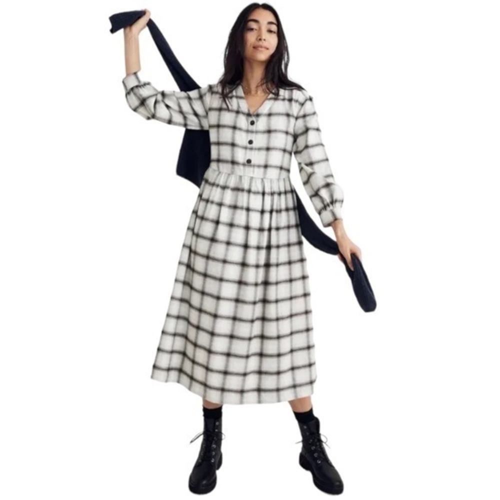 Madewell Cotton Button Up Flannel Plaid Midi Dress in Blue Multicolor - Picture 1 of 15